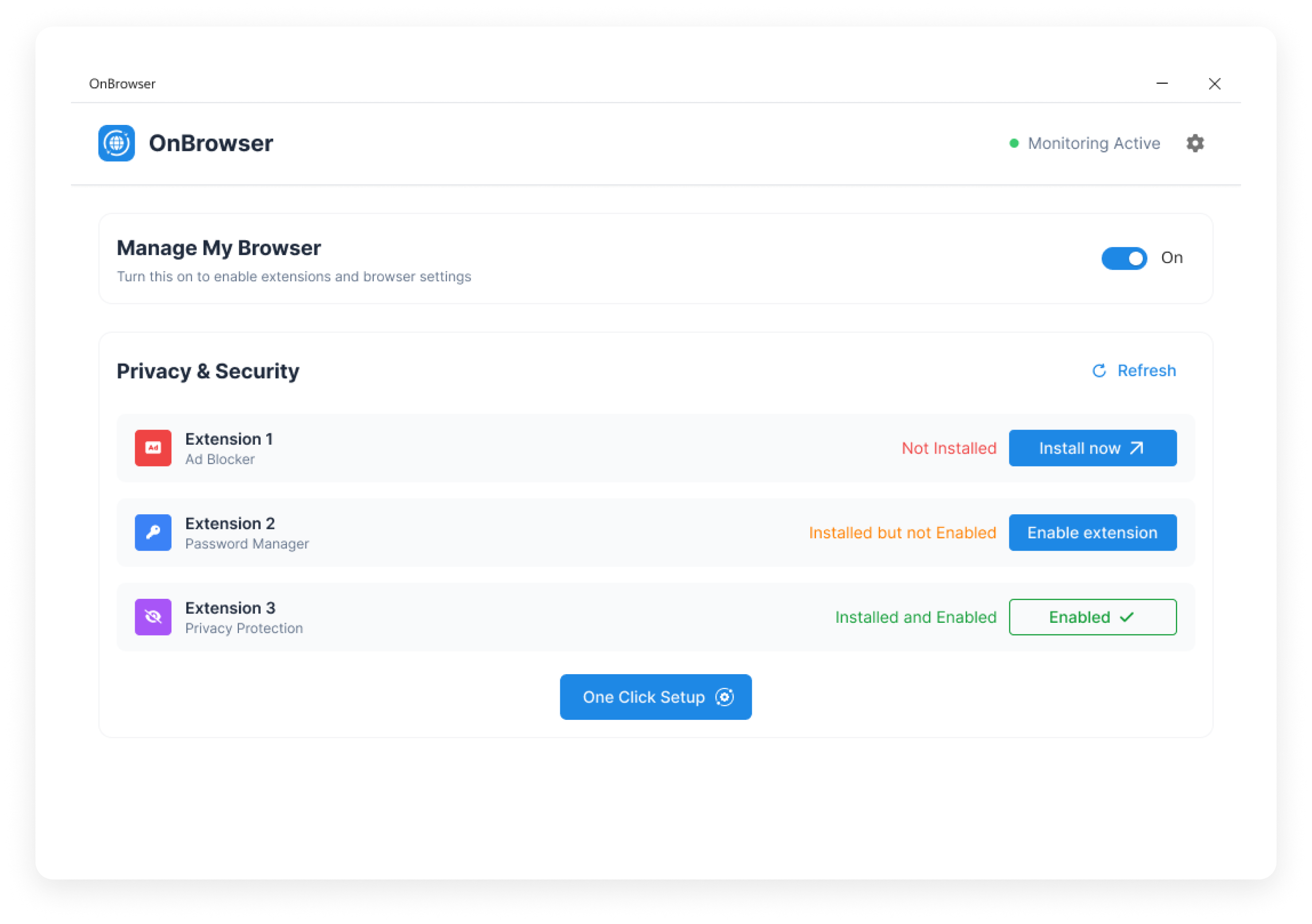 OnBrowser dashboard interface showing browser management features